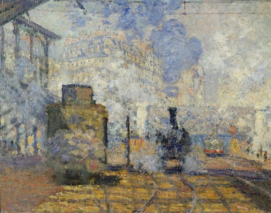 Claude Monet, La Gare Saint-Lazare (Bahnhof,Architektur,Eisenbahn,Geographie,Verkehr,Impressionismus,Grossstadt,Französische Kunst,Dachkonstruktion,Topographie,Ausschnitt)