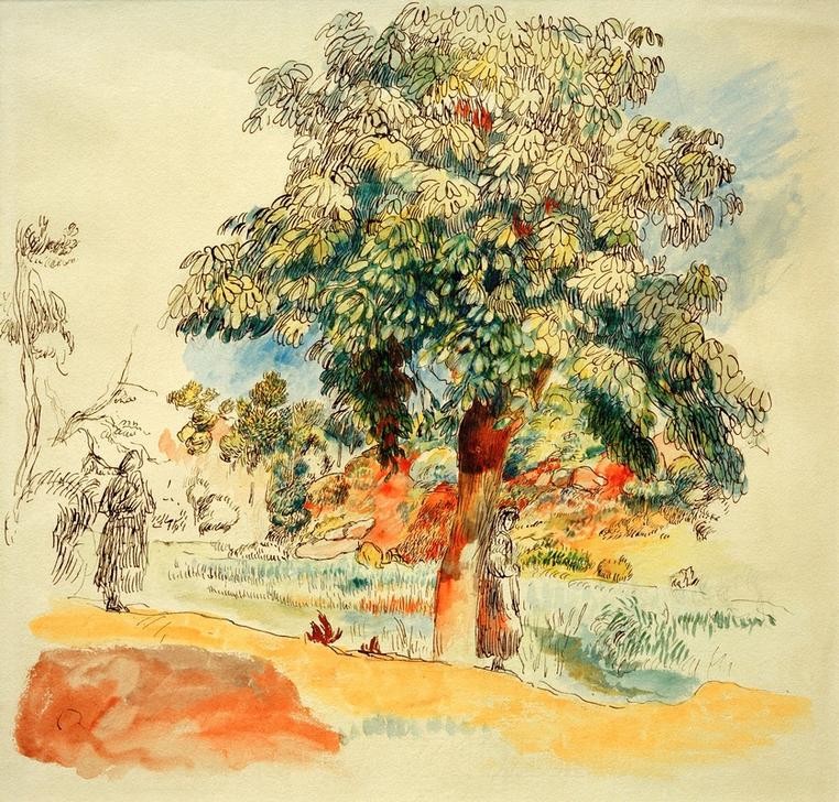 Pierre-Auguste Renoir, Südliche Landschaft (Botanik,Freilichtmalerei,Frau,Jahreszeiten,Kunst,Landschaft,Sommer,Baum,Bäuerin,Französische Kunst,Korkeiche,Süden,Signatur)