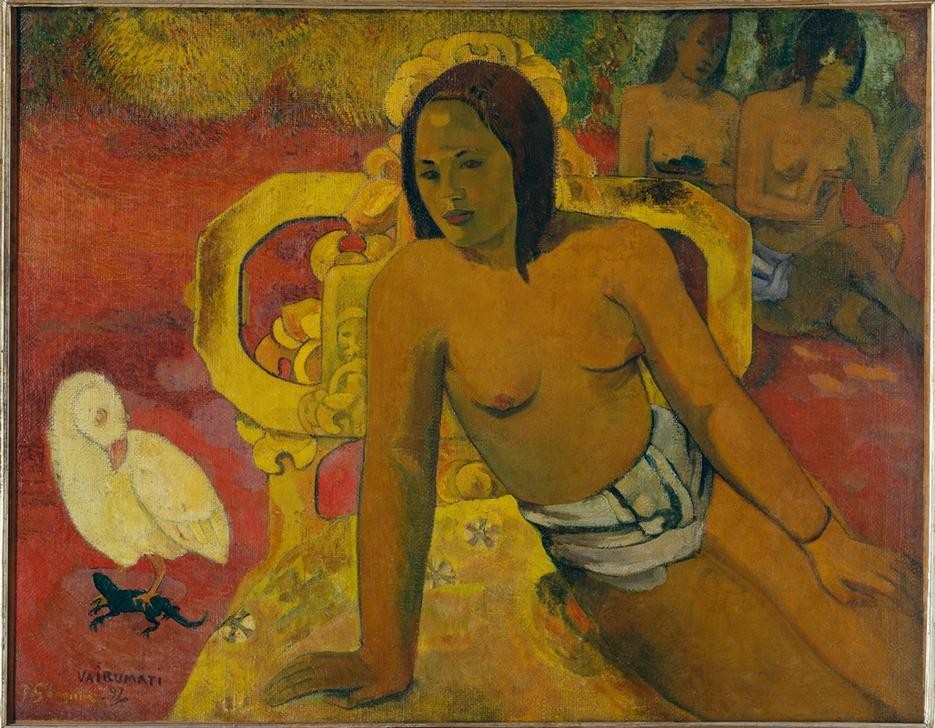 Paul Gauguin, Vairumati (Braut,Eidechse,Frau,Mädchen,Mythologie,Religion,Völkerkunde,Vogel,Naturreligion,Schönheit,Akt,Portrait,Französische Kunst,Halbakt,Exotik,Kopf,Sitzen,Jahrhundertwende,Ureinwohnerin,Amphibie,Polynesische Kunst,Land Und Leute,Symbolik,Lendenschurz)