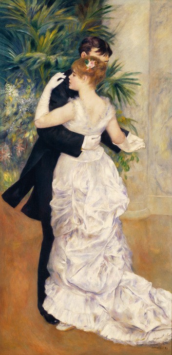 Pierre-Auguste Renoir, La Danse à la ville (Ball (Gesellschaft),Damenmode,Gesellschaftstanz,Handschuh,Maler (Künstler),Mode,Tanz,Impressionismus,Abendkleid,Bürgertum,Französische Kunst,Paar,Zimmerpflanze,Haarknoten,Schleppe,Ganzfigurig,Faltenwurf,Stadtleben,Grossbürgertum,Tanzpaar,Gesellschaftsklei)
