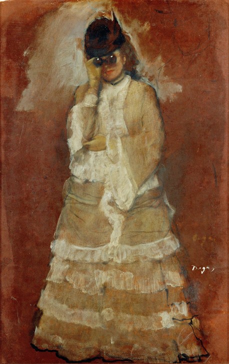 Edgar Degas, Dame mit Fernglas (Damenmode,Emanzipation,Frau,Mode,Impressionismus,Fernglas,Portrait,Opernglas,Französische Kunst,Kleid,Kleidung (Allgemein),Zuschauen,Sehen Und Gesehenwerden,Blick Aus Dem Bild,Ganzfigurig,Zuschauerin,Frontalansicht)