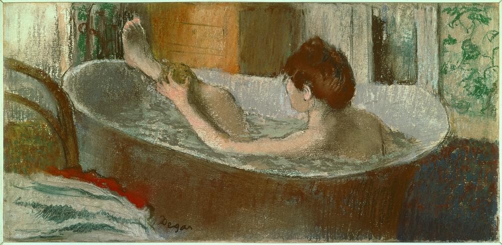 Edgar Degas, Femme dans son bain se lavant la jambe (Körperpflege,Bad,Frau,Wannenbad,Impressionismus,Französische Kunst,Schwamm,Beine,Badewanne)