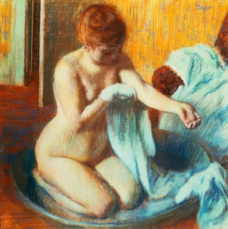 Edgar Degas, Frau in der Wanne (Körperpflege,Bad,Frau,Impressionismus,Akt,Französische Kunst,Nacktheit,Handtuch,Abtrocknen,Knien,Zuber)