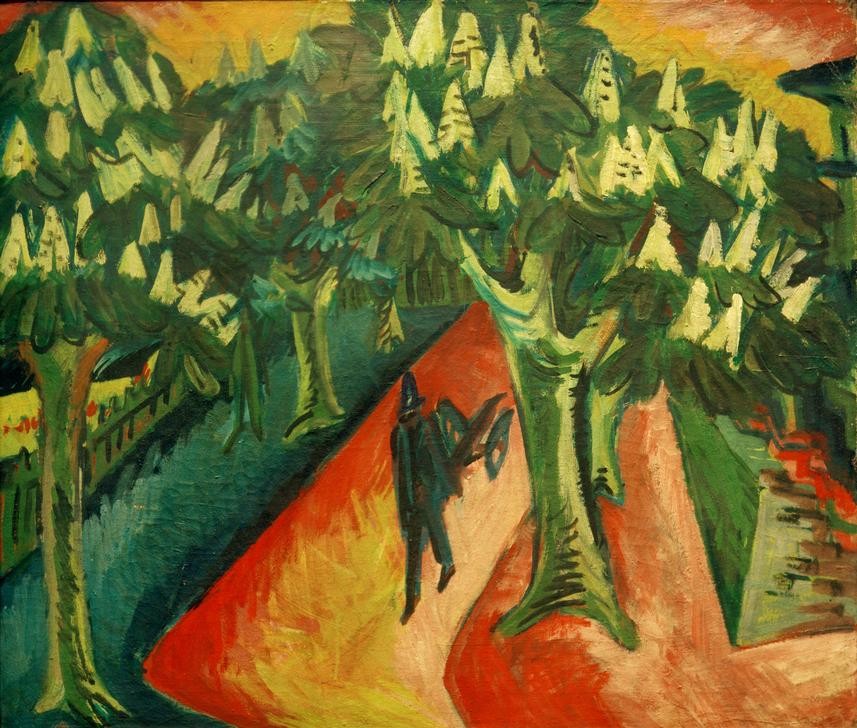 Ernst Ludwig Kirchner, Kastanienallee (Allee,Deutsche Kunst,Kastanie,Kunst,Landschaft,Baum,Expressionismus,Schubkarre,Die Brücke,Fussgänger,Kastanienbaum)