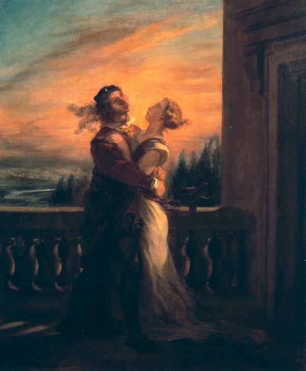 Eugene Delacroix, Romeos Abschied von Julia (Abschied (Verabschieden),Balkon,Liebe Und Ehe,Liebespaar,Literatur,Morgenrot,Theater,Morgen,Melancholie,Tragödie,Umarmung,Liebeskummer,Französische Kunst,Schauspiel,Dämmerung,Romantik,Person)