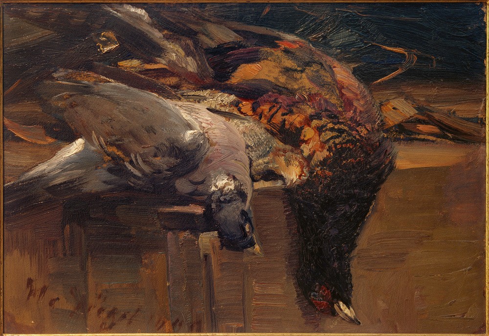 Heinrich von Zügel, Erlegtes Federwild (Biologie,Deutsche Kunst,Fasan,Jagd,Kunst,Sezession,Taube,Tod,Vogel,Zoologie,Impressionismus,Tisch,Stillleben,Tier,Jagdstillleben,Wild,Fasanenjagd,Münchner Sezession,Vogeljagd,Jagdbeute,Taubenjagd,Signatur,Kadaver)