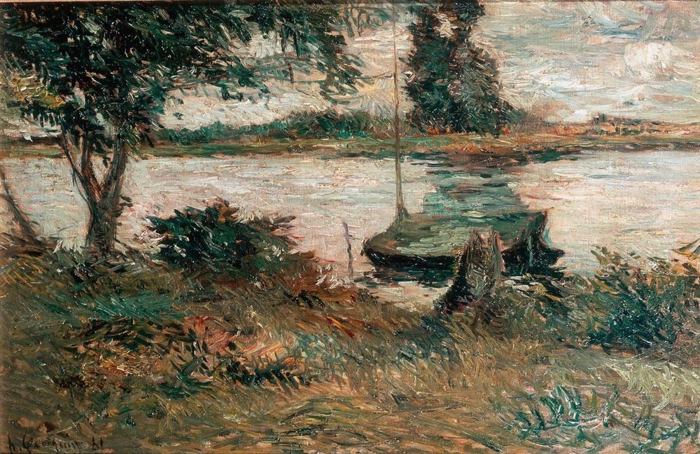 Paul Gauguin, Flußufer (Boot,Landschaft,Impressionismus,Fluss,Wiese,Französische Kunst,Ufer,Schifffahrt)