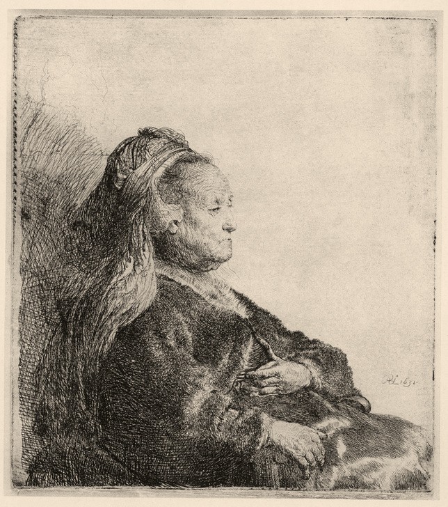 Rembrandt Harmenszoon van Rijn, Rembrandts Mutter, in orientalischer Kopfbinde (Frau,Barock,Schleier,Portrait,Mutter Von Berühmten,Mutter,Niederländische Kunst,Holländische Kunst,Profil,Sitzen,Alte Frau,Halbfigur,Spitzenhaube,Person)