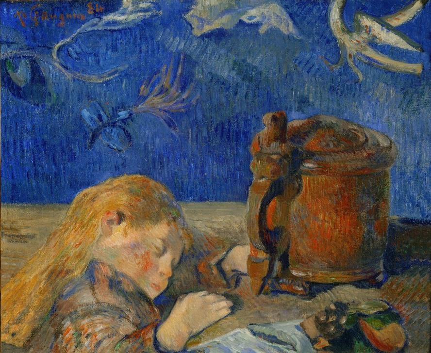 Paul Gauguin, Das schlafende Kind (Kind,Mädchen,Tapete,Impressionismus,Stillleben,Vision,Portrait,Französische Kunst,Tagtraum,Kinderleben,Humpen,Schlafen (Schlaf),Deckelkrug)