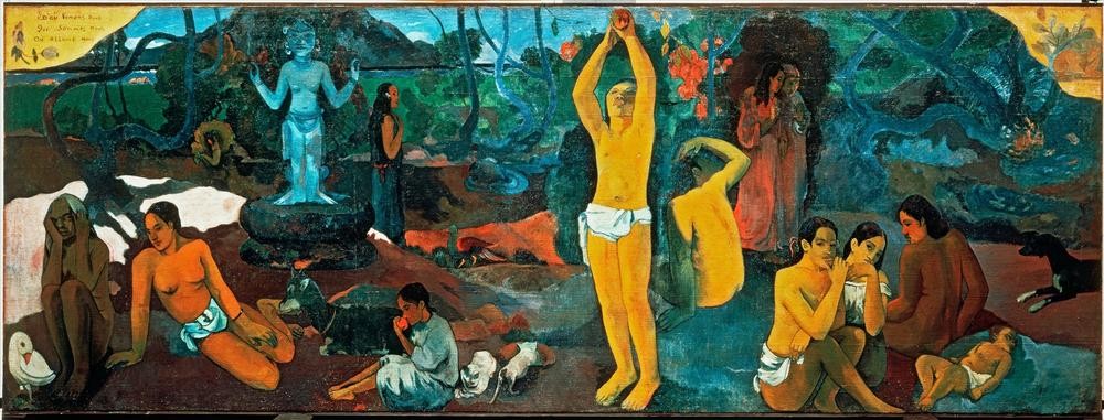 Paul Gauguin, D’où venonsnous? Que sommesnous? Où allonsnous? (Apfel,Botanik,Landschaft,Mensch,Religion,Völkerkunde,Friede,Französische Kunst,Harmonie,Leben,Exotik,Meditation,Jahrhundertwende,Ureinwohner,Ureinwohnerin,Land Und Leute,Kultbild,Symbolik,Lendenschurz)