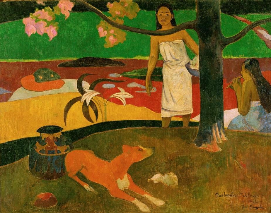 Paul Gauguin, Pastorales tahitiennes (Frau,Landschaft,Schalmei,Völkerkunde,Hund,Baum,Pastorale,Französische Kunst,Idylle,Haustier,Harmonie,Exotik,Frau Und Tier,Frauenleben,Tier,Blume,Jahrhundertwende,Tropen,Land Und Leute)