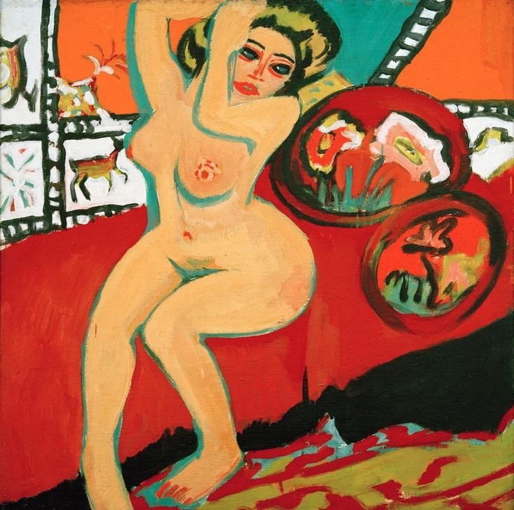Ernst Ludwig Kirchner, Sitzender Akt mit erhobenen Armen (Atelier,Deutsche Kunst,Frau,Kunst,Modell,Akt,Bild Im Bild,Expressionismus,Die Brücke,Sitzen,Primitivismus,Ganzfigurig,Körperhaltung)