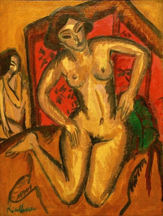 Ernst Ludwig Kirchner, Kniender Mädchenakt vor rotem Wandschirm (Deutsche Kunst,Frau,Kunst,Akt,Expressionismus,Paravent,Die Brücke,Exotik,Junge Frau,Knien,Primitivismus,Körperhaltung,Signatur)
