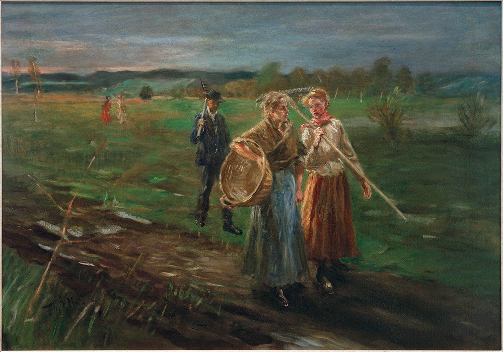 Fritz von Uhde, Bei der Heumahd (Arbeit,Bauer (Landwirt),Deutsche Kunst,Ernte,Frau,Geräte,Kunst,Landschaft,Mann,Mensch,Impressionismus,Heu,Wiese,Bäuerin,Weg,Feldweg,Fussgänger,Korb,Tragen,Landleben,Rechen,Frauenleben,Landbevölkerung,Landarbeit,Junge Frau,Fussgängerin,Feldarbeit,Landwirts)
