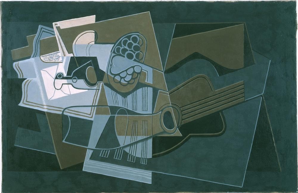 Juan Gris, Gitarre und Flasche (Gitarre,Musik,Instrument,Kubismus,Stillleben,Flasche,Spanische Kunst,Notenpapier)