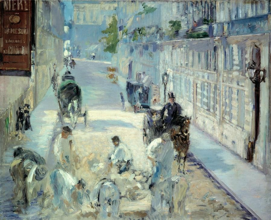 Edouard Manet, Les paveurs Rue Mosnier (Strassenbau,Strasse (Allgemein),Strassenszene,Szene,Verkehr,Pflasterer,Grossstadt,Französische Kunst,Pferdegespann,Umzug (Wohnortwechsel))