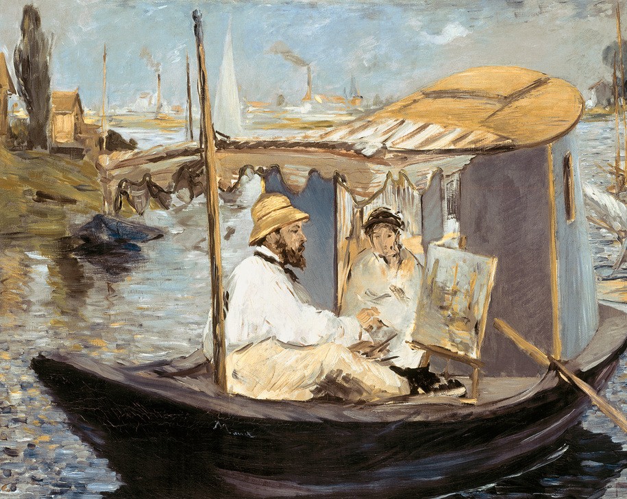 Edouard Manet, Monet peignant das son atelier (Atelier,Boot,Ehepaar,Freilichtmalerei,Künstlerleben,Künstler,Künstler Bei Der Arbeit,Künstlerfrau,Barke,Französische Kunst,Schifffahrt)