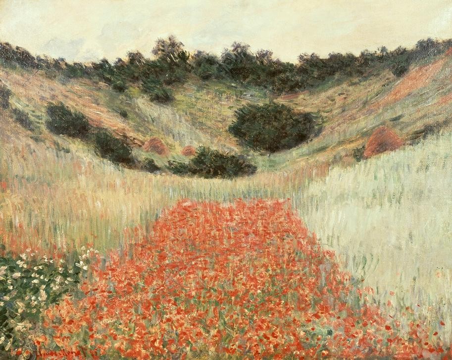 Claude Monet, Champ de coquelicots, environs de Giverny (Botanik,Landschaft,Impressionismus,Mohn,Wiese,Französische Kunst,Feld,Feldblume,Blume,Rot,Landwirtschaft)