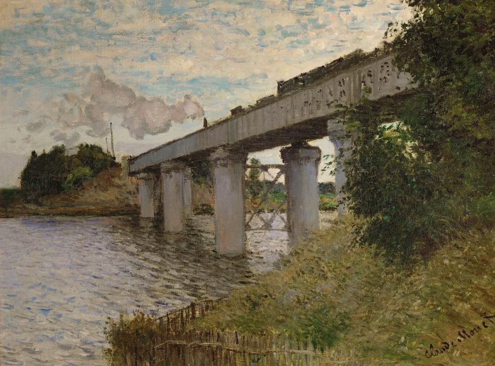 Claude Monet, Le Pont du chemin de fer à Argenteuil (Architektur,Brücke,Eisenbahnbrücke,Eisenbahn,Landschaft,Transport,Impressionismus,Fluss,Französische Kunst,Dampflokomotive)