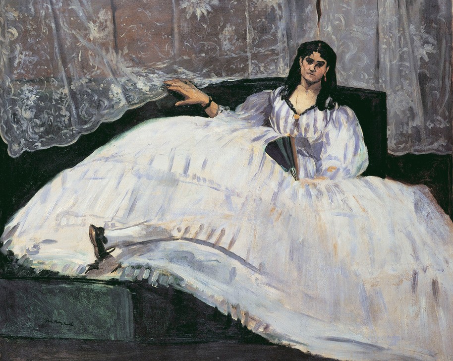 Edouard Manet, Dame mit Fächer (Damenmode,Fächer,Frau,Kunst,Mensch,Mode,Impressionismus,Geliebte,Portrait,Krinoline,Sofa,Französische Kunst,Zweites Kaiserreich (1852-1870),Liegen,Ganzfigurig)