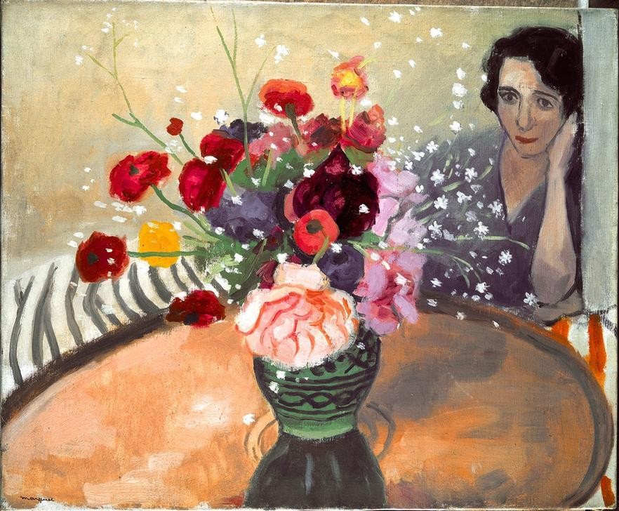 Albert Marquet, Das kupferne Tablett (Botanik,Frau,Kupfer,Impressionismus,Stillleben,Portrait,Blumenstrauss,Vase,Französische Kunst,Tablett)