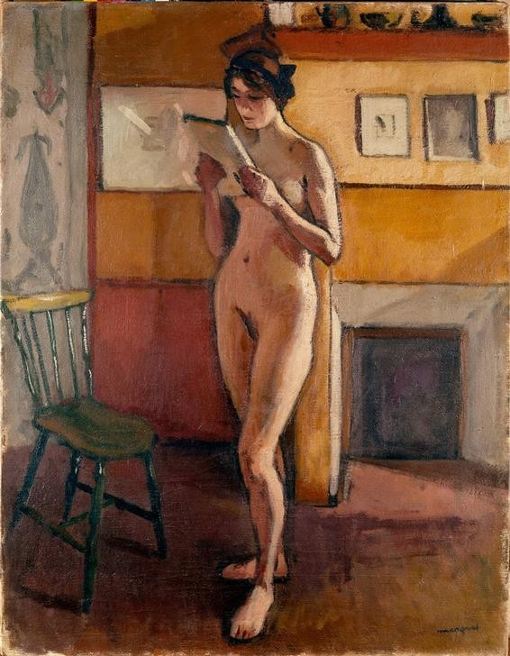 Albert Marquet, Stehender weiblicher Akt (Frau,Impressionismus,Akt,Fauves,Lesen (Allgemein),Interieur,Französische Kunst,Stuhl,Leserin,Ganzfigurig)