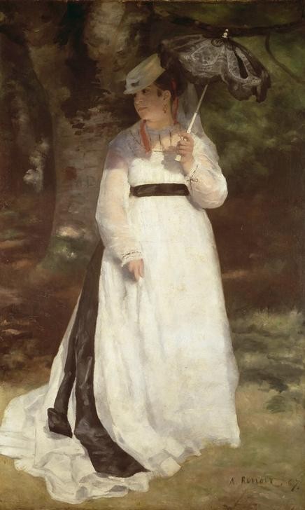 Pierre-Auguste Renoir, Lise mit Sonnenschirm (Damenmode,Frau,Maler (Künstler),Mode,Volkskunde,Impressionismus,Hut,Geliebte,Portrait,Sonnenschirm,Bürgertum,Französische Kunst,Im Freien (Allgemein),Kleid,Schleppe,Ganzfigurig,Weiss (Farbe),Land Und Leute)