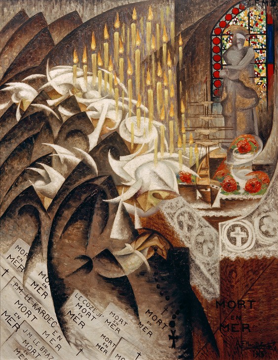 Felix Delmarle, Bretonnes (Trauer, Tod, Totengedenken, Schiffbuch, Kirche, Altar, Interieur, Kerzen, Futurismus, Klassische Moderne, Wunschgröße, Wohnzimmer)