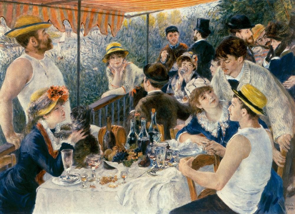 Pierre-Auguste Renoir, Frühstück der Ruderer (Alkohol,Essen Und Trinken,Jugend (Lebensalter),Freizeit,Rudern,Sport,Tafelsitten,Wein,Sonntag,Impressionismus,Hund,Frühstück,Bürgertum,Französische Kunst,Lebensfreude,Gedeckter Tisch,Geselliges Beisammensein,Land Und Leute)