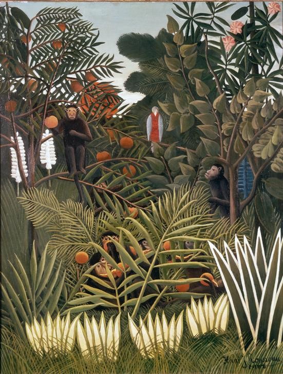 Henri Rousseau, Exotische Landschaft mit Affen und einem Papagei (Dschungel, Bäume, Affen, Papgei, exotische Früchte, Aloe, Pflanzen, magischer Realismus, Wunschgröße, Wohnzimmer, Treppenhaus, Malerei, klassische Moderne, bunt)