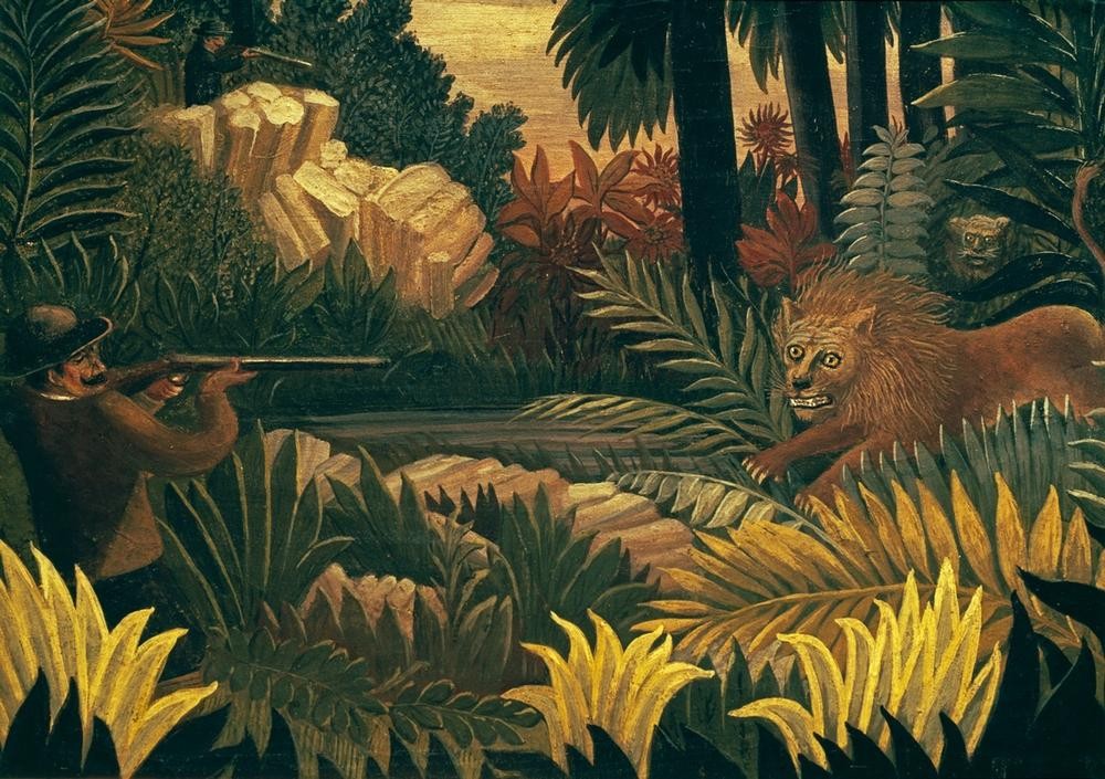 Henri Rousseau, Die Löwenjagd (Botanik,Erschiessen,Jäger,Jagd,Landschaft,Löwe (Tier),Urwald,Zoologie,Naive Malerei,Phantastische Kunst,Löwenjagd,Französische Kunst,Exotik,Jahrhundertwende)