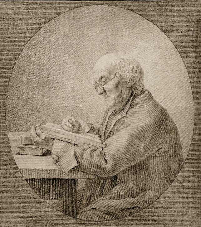 Caspar David Friedrich, Adolf Gottlieb Friedrich, lesend (Brille,Buch,Deutsche Kunst,Kunst,Leser,Maler (Künstler),Mann,Portrait,Lesen (Allgemein),Vater Von Berühmten,Profil,Alter Mann,Sitzen,Halbfigur,Oval,Person,Zwicker)