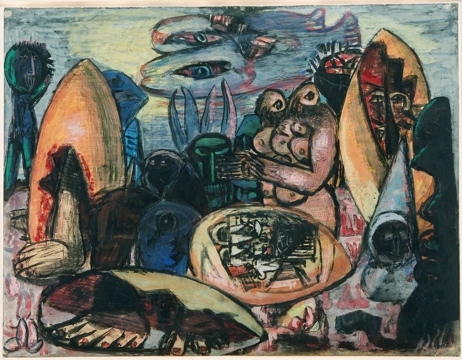 Max Beckmann, Frühe Menschen (Menschen, vorzeit, Fabelwesen, Fantasie, surreal, Fische, Expressionismus, Klassische Moderne, Malerei, Wohnzimmer, Treppenhaus, Wunschgröße, bunt)