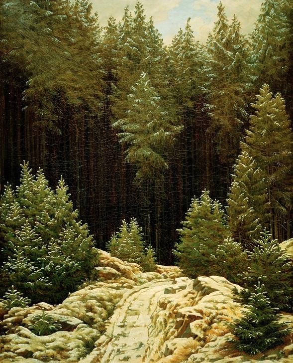 Caspar David Friedrich, Frühschnee (Deutsche Kunst,Jahreszeiten,Kunst,Landschaft,Tanne,Winter,Wald,Nadelwald,Schnee,Fichte,Baum,Weg,Naturstudie,Waldweg,Romantik,Nadelbaum)