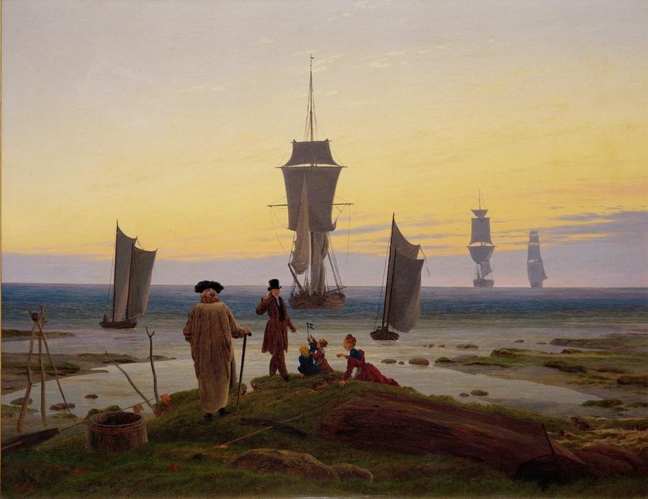 Caspar David Friedrich, Die Lebensstufen (Boot,Deutsche Kunst,Himmel (Natur),Kinderspiel,Kind,Küste,Kunst,Landschaft,Lebensalter,Mensch,Schiff,Segelschiff,Sonnenuntergang,Strand,Tageszeiten,Abend,Alter,Meer,Segelboot,Allegorie,Rückenfigur,Heimkehr,Lebensschiff,Leben,Kleidung (Allgemein),Dämmerung)