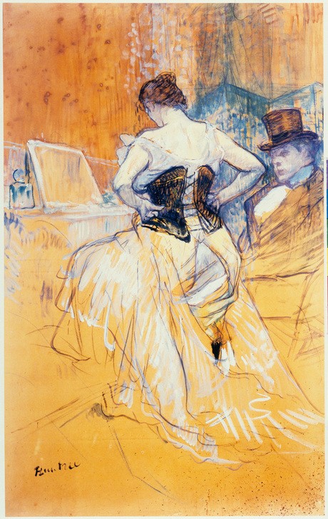 Henri de Toulouse-Lautrec, Femme mettant son corset, conquete de passage (Damenmode,Frau,Toilette (Körperpflege),Ankleiden,Voyeurismus,Rückenfigur,Boudoir,Französische Kunst,Korsett,Jahrhundertwende)