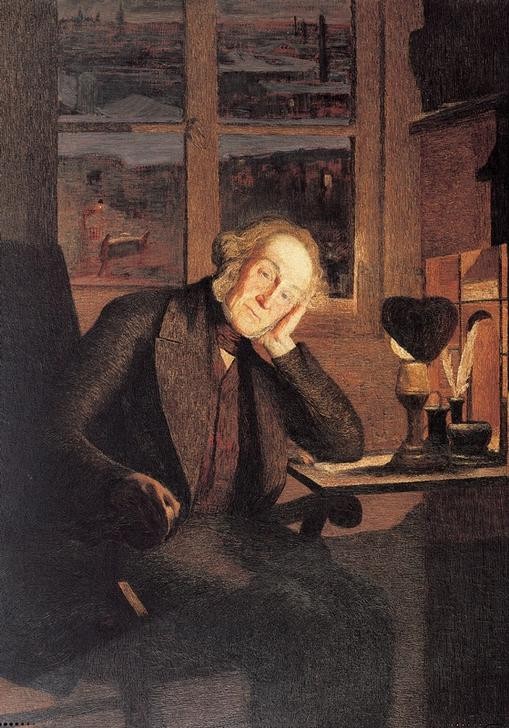 Giovanni Segantini, Bildnis Carlo Rotta (Arbeitszimmer,Gelehrter,Jugend (Lebensalter),Kunst,Mann,Pelz,Petroleumlampe,Tischlampe,Renaissance,Portrait,Italienische Kunst,Schweizerische Kunst,Kopfschmuck,Reichtum,Kleidung (Allgemein),Alter Mann,Divisionismus,Rot,Kopf Stützen,Frontalansicht,Farben,F)
