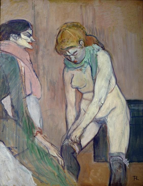 Henri de Toulouse-Lautrec, Femme tirant son bas (Erotik,Kurtisane,Frau,Mädchen,Strumpf,Akt,Ankleiden,Schal,Prostituierte,Portrait,Strumpfband,Französische Kunst,Rote Haare,Kleidung (Allgemein),Fin De Siecle,Bordell,Kopf,Jahrhundertwende,Sinnlichkeit)