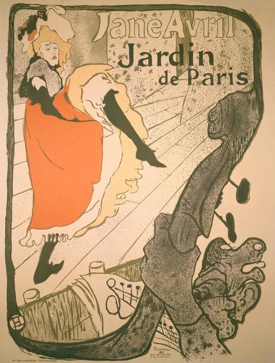 Henri de Toulouse-Lautrec, Jane Avril (Frau,Jugendstil,Musiker,Musik,Noten,Tänzerin,Tanz,Theater,Variete (Entertainment),Plakat,Revue (Musiktheater),Bühne,Französische Kunst,Cancan,Fin De Siecle,Jahrhundertwende)