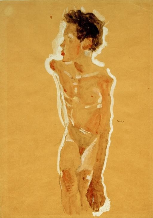 Egon Schiele, Knabenakt, nach links gewendet (Kind,Akt,Expressionismus,Österreichische Kunst,Knabe)
