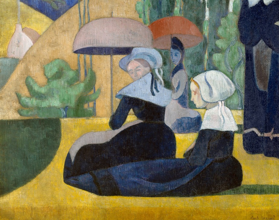 Emile Bernard, Les Bretonnes aux ombrelles (Volkskunde, bretonische Frauen, Tracht, Hauben, Landleben, Freizeit, Sonnenschirme, Schule von Pont-Aven,  Malerei, Cloisonismus, Klassische Moderne,  Wohnzimmer, Wunschgröße, bunt)