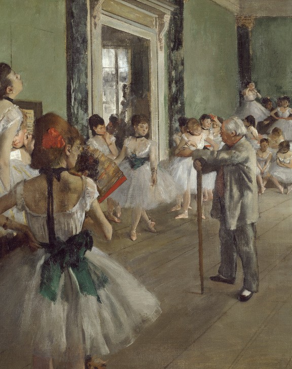 Edgar Degas, La classe de danse (Ballett,Fächer,Ballettmeister,Jugend (Lebensalter),Kind,Mädchen,Pädagogik,Saal,Schule,Tänzer,Tänzerin,Tanz,Impressionismus,Unterricht,Französische Kunst,Tanzschule,Tanzlehrer,Kleidung (Allgemein),Holzfussboden,Tutu (Ballett),Ausschnitt)