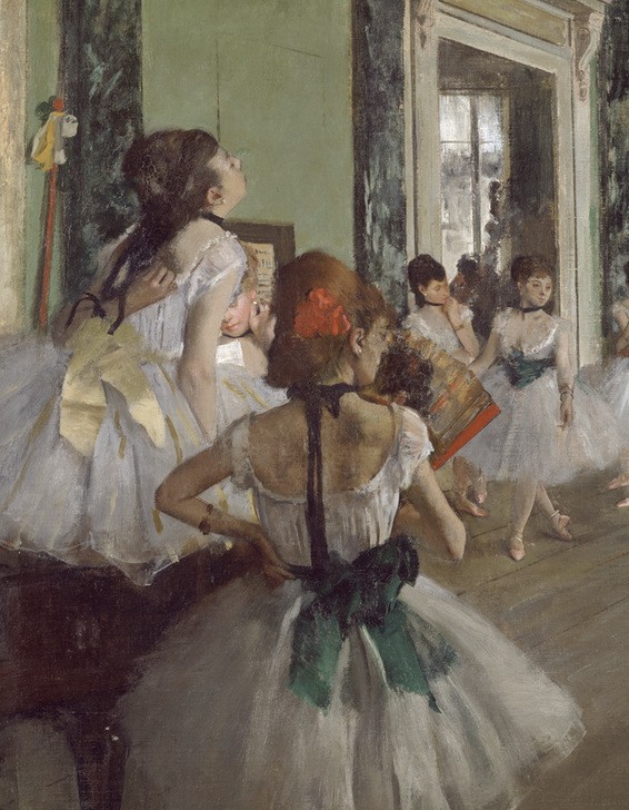 Edgar Degas, La classe de danse (Ballett,Fächer,Ballettmeister,Jugend (Lebensalter),Kind,Mädchen,Pädagogik,Saal,Schule,Tänzer,Tänzerin,Tanz,Impressionismus,Unterricht,Französische Kunst,Tanzschule,Tanzlehrer,Kleidung (Allgemein),Holzfussboden,Tutu (Ballett),Ausschnitt)
