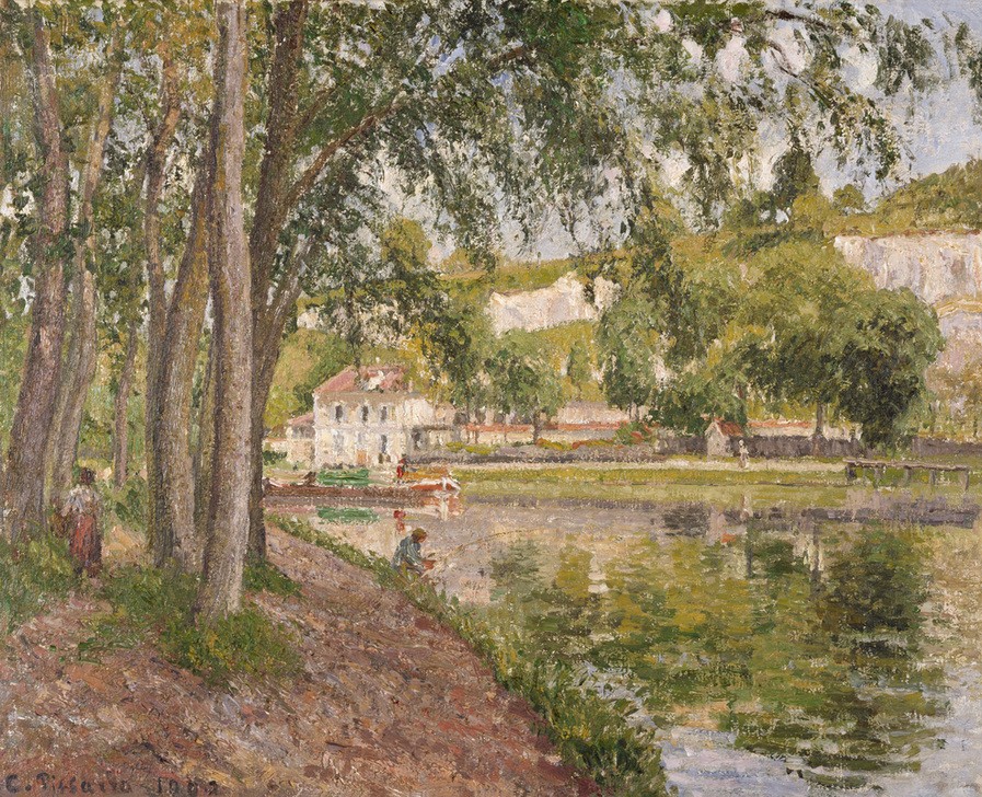 Camille Pissarro, Moret, le canal du Loing (Seine et Marne) ou Chemin de halage à Saint Mammès (Angeln (Sport),Kanal,Kunst,Landschaft,Wasser,Impressionismus,Fluss,Spiegelung,Baum,Lastkahn,Französische Kunst,Binnenschiffahrt,Ufer,Jahrhundertwende,Treidelpfad,Wasserweg)