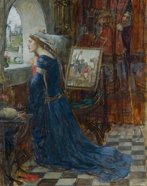John William Waterhouse, Fair Rosamund (Fenster,Schleier,Geliebte,Portrait,Tag,Kleid,Sehen,Blau,Farbe)