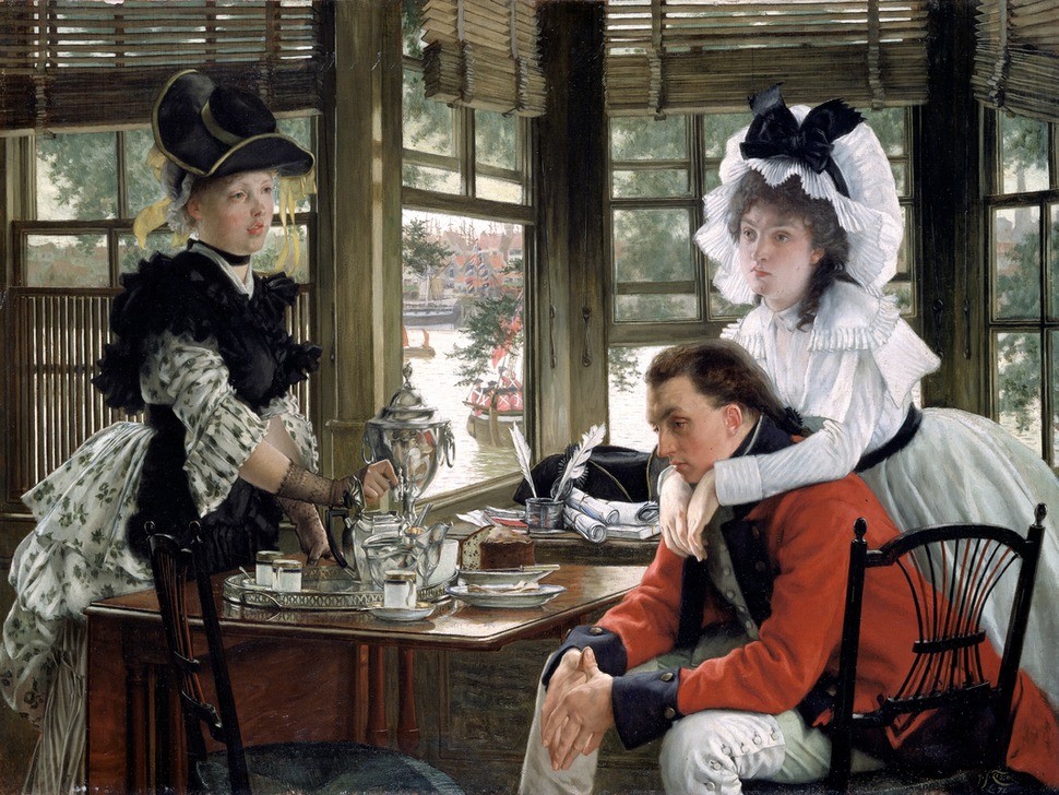 James Tissot (Jacques-Joseph), Bad news (The Parting) 1872 (Fenster,Möbel,Schreibtisch,Portrait,Tag,Paar,Traurigkeit,Tabelle,Raum,Trennung,Farbe)