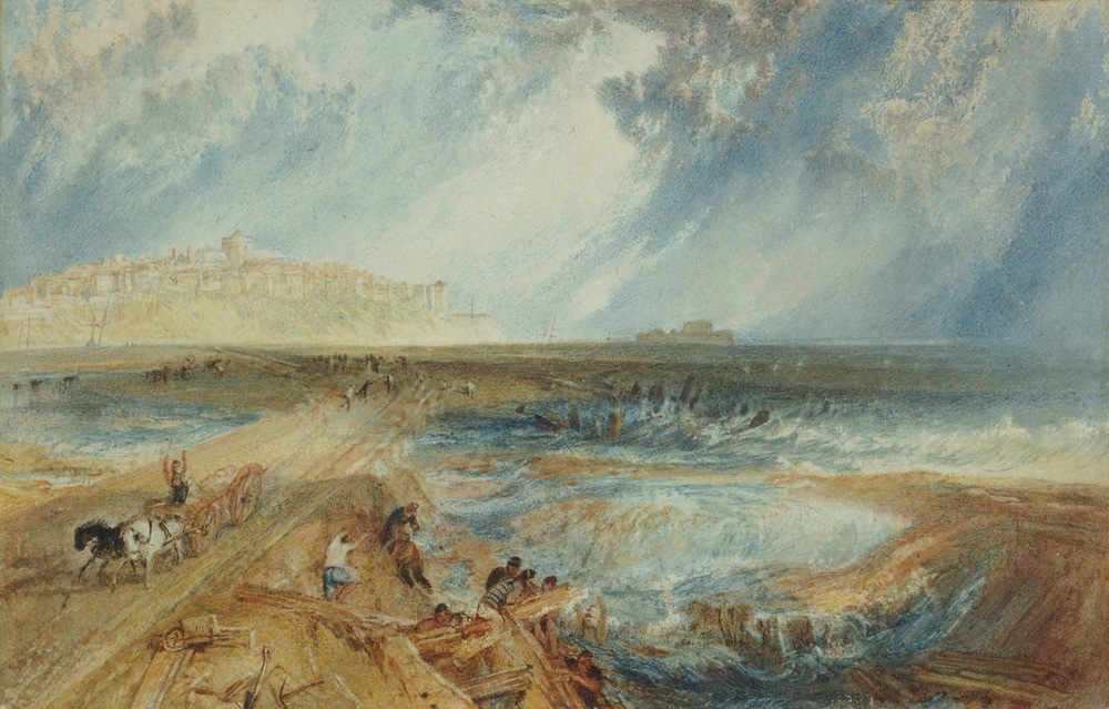 JOSEPH MALLORD WILLIAM TURNER, Rye, Sussex 1824 (Küste,Pferd (Tier),Strand,Transport,Wetter,Perspektive,Tag,Roggen,Papier,Tier,Skyline,Farbe)