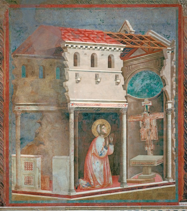 Giotto di Bondone, Das Gebet von S.Damiano (Gebet, Heiliger, Heiligenlegende, Gebäude, Anbetung, Christentum, Religion, Detail, Klassiker, Gotik, Malerei, Wunschgröße,  Wohnzimmer, bunt)