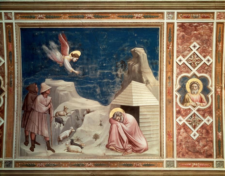 Giotto di Bondone, Der Traum des Joachim (Engel,Religion,Schafzucht,Traum,Hirte,Gotik,Neues Testament,Bibel,Marienleben,Italienische Kunst,Verkündigung An Joachim,Schlafen (Schlaf),Landwirtschaft,Schäfer)