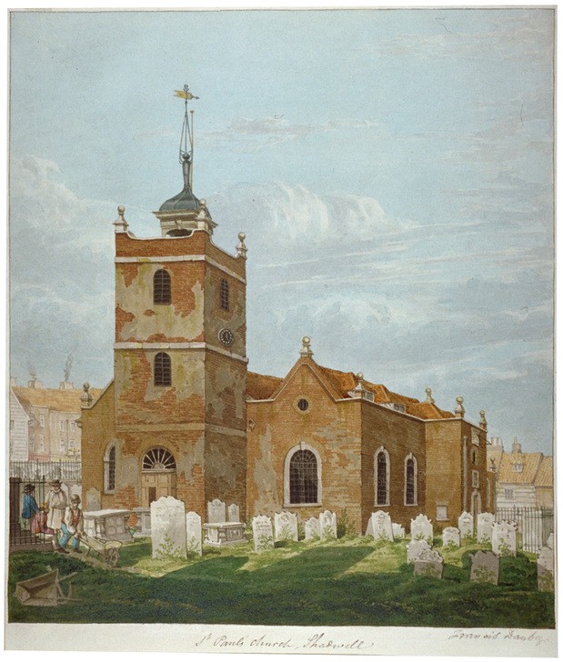 Francis Danby, Church of St Paul, Shadwell, London, 1810 (Architektur,Christentum,Kirche,Religion,Tod,Grabstein,Kirchhof,Gebäude,Farbe)